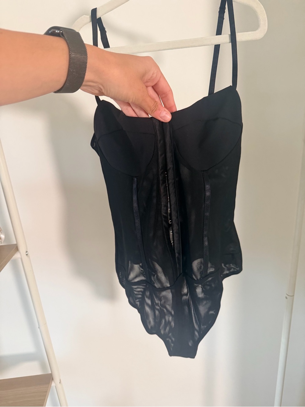 NWT Free People Black Mesh-Detail Corset Thong Bodysuit